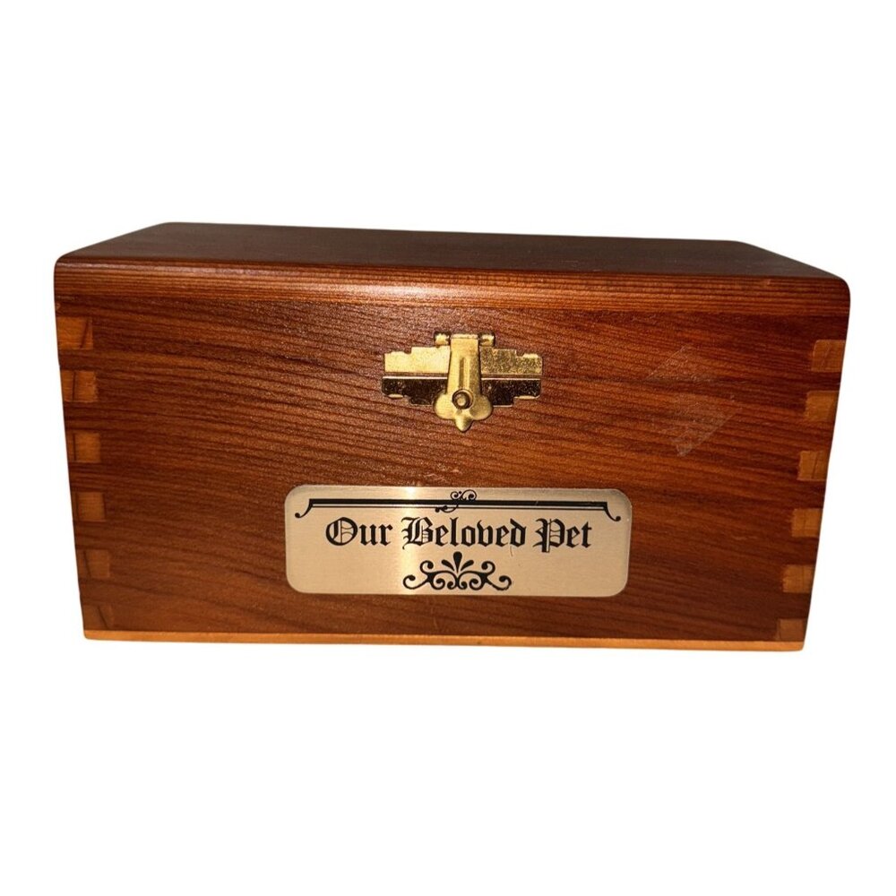 Wooden dovetailed Pet Ashes Keepsake Box Hinged Lid brass plaque